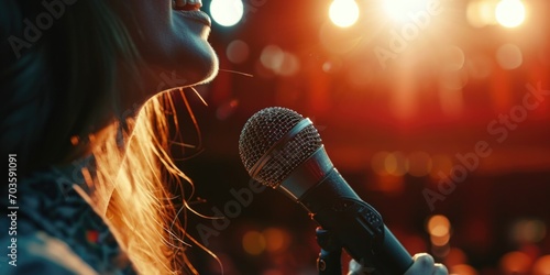 A woman confidently holds a microphone in front of a stage. Perfect for events, performances, and public speaking