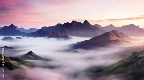 A panoramic view of a mountain range at sunrise with the peaks bathed in a rosy glow and valleys shrouded in mist.
