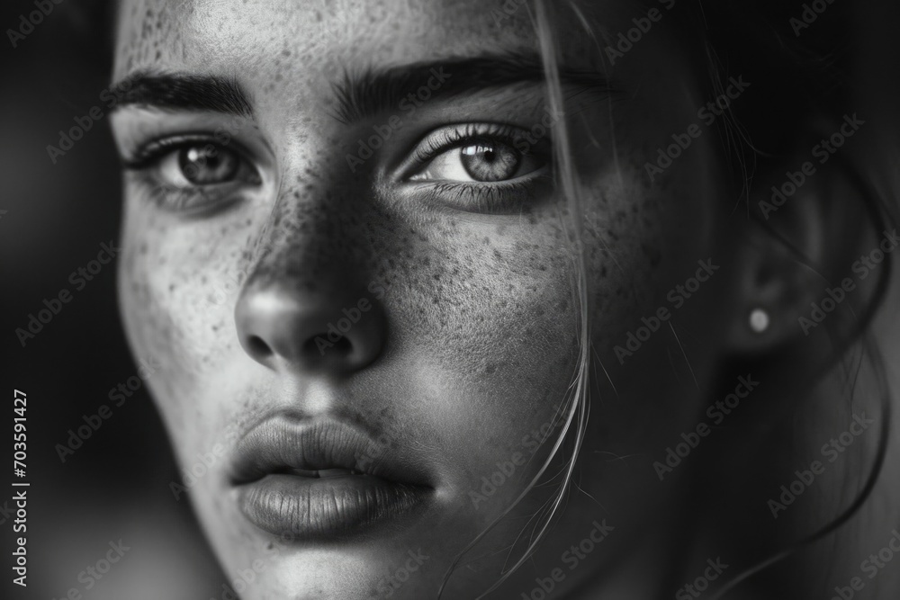 A close-up view of a woman's face with freckles. This image can be used to depict natural beauty and diversity A close-up view of a woman's face with freckles. This image can be used to depict natural beauty and diversity