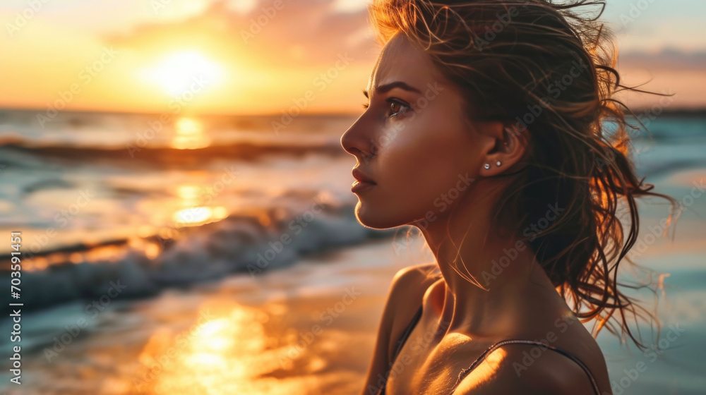 Woman with serene expression gazing at the sunset on a peaceful beach, ocean background generative ai Woman with serene expression gazing at the sunset on a peaceful beach, ocean background generative ai