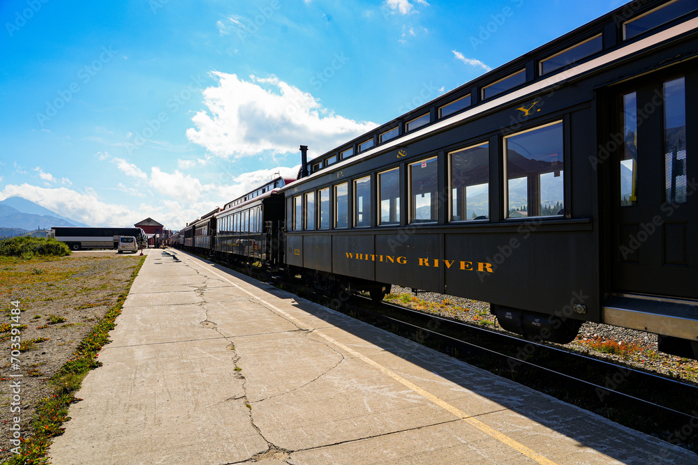 Fototapeta premium Train of the White Pass and Yukon Route at the Fraser station in British Columbia near the US-Canada border