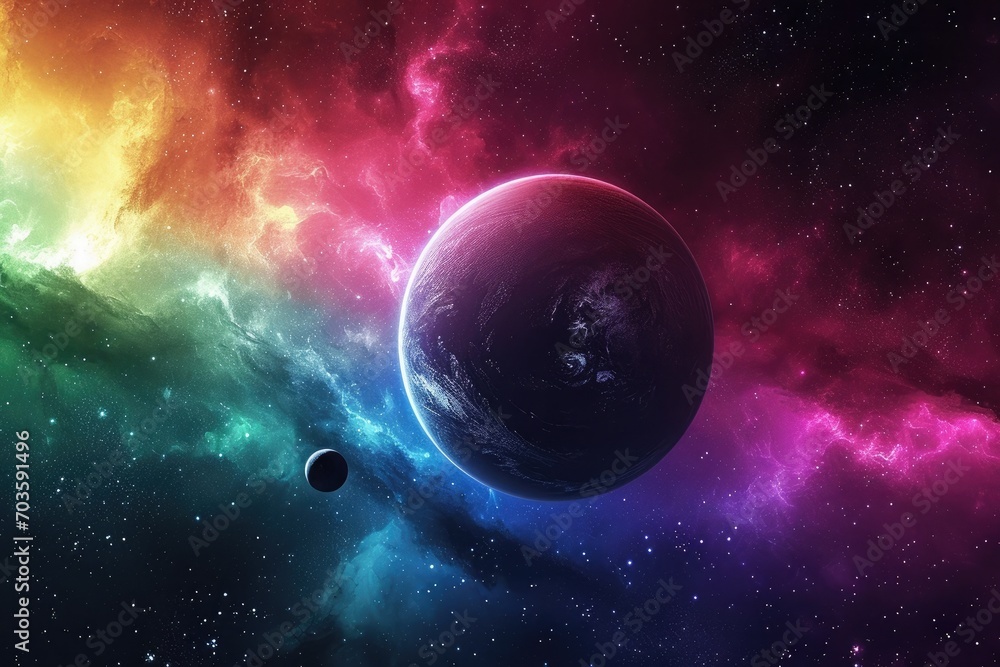 outer space with a planet in rainbow colours