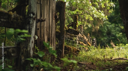 An image of an old wooden fence covered in moss  located in a serene woodland setting. Suitable for nature-themed projects and rustic designs