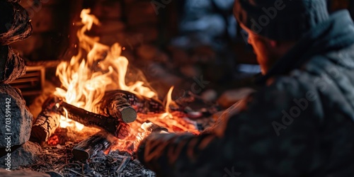 A person is seen roasting marshmallows over a campfire. This image can be used to depict camping, outdoor activities, or enjoying a bonfire