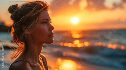 Woman with serene expression gazing at the sunset on a peaceful beach, ocean background generative ai © Kelly