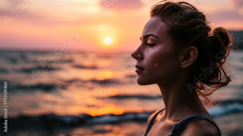 Woman with serene expression gazing at the sunset on a peaceful beach, ocean background generative ai