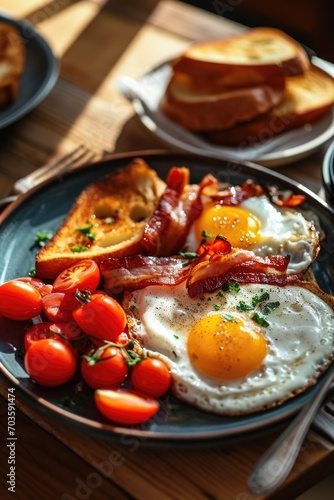 A delicious breakfast plate featuring eggs, bacon, tomatoes, and toast. Perfect for showcasing a hearty and wholesome meal. Ideal for food blogs, restaurant menus, and cooking publications
