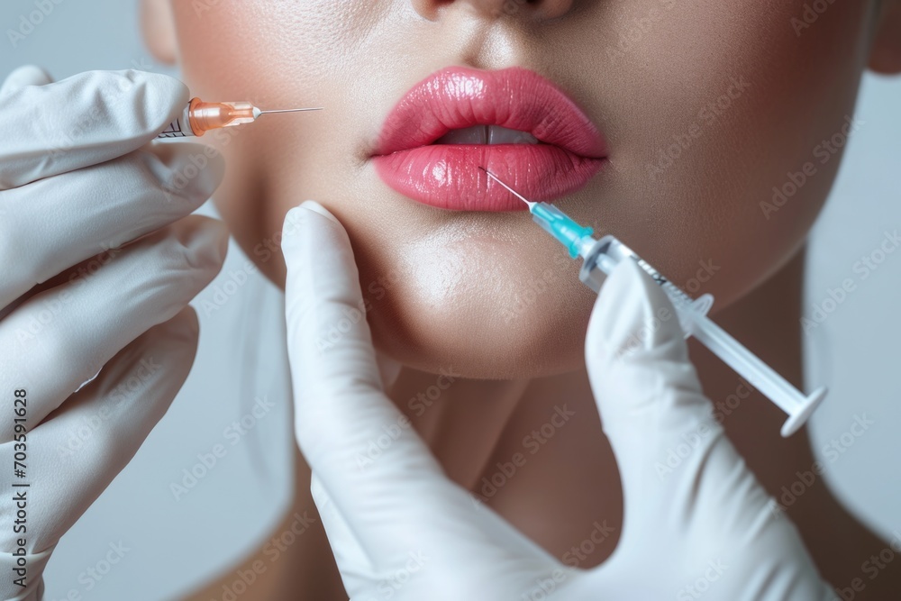 Woman receiving a lip injection from a nurse. Suitable for medical or cosmetic themed projects - obrazy, fototapety, plakaty 
