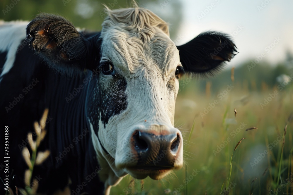 A black and white cow standing in a field. Suitable for agricultural themes and farm-related projects A black and white cow standing in a field. Suitable for agricultural themes and farm-related projects