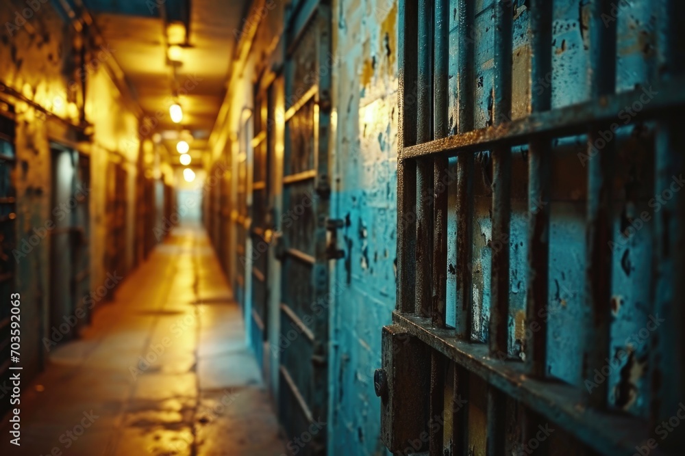 A long hallway with multiple bars. This image can be used to depict confinement, imprisonment, or security measures