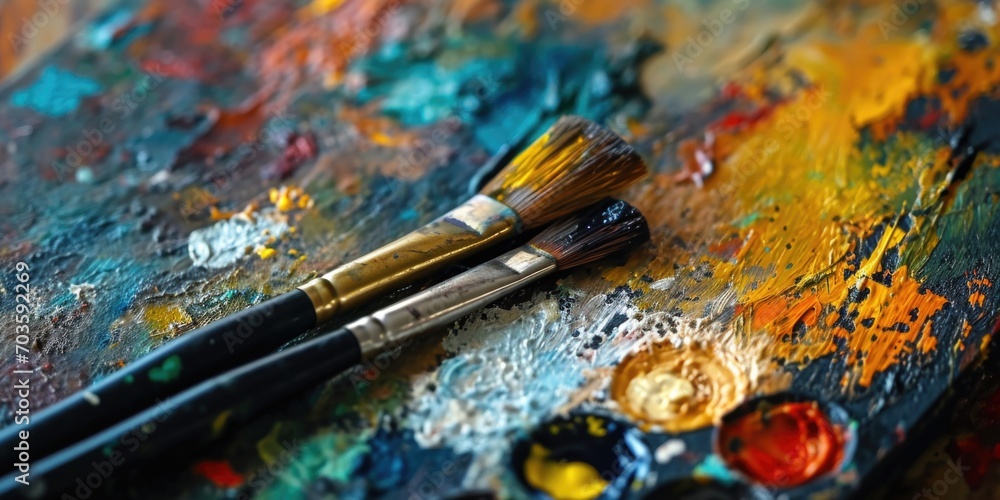 Paint brushes on a palette ready for creating artwork. Perfect for artists, painters, and creative projects Paint brushes on a palette ready for creating artwork. Perfect for artists, painters, and creative projects