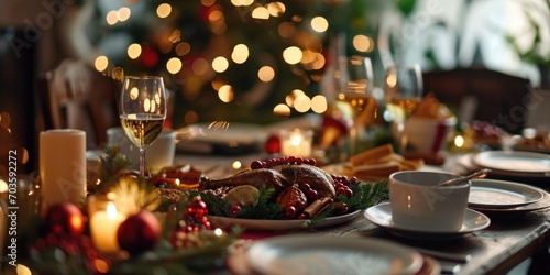 A beautifully set table for a holiday dinner with a festive Christmas tree in the background. Perfect for showcasing the warmth and joy of the holiday season.