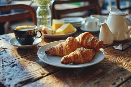A plate of croissants and a cup of coffee on a table. Perfect for breakfast or brunch scenes
