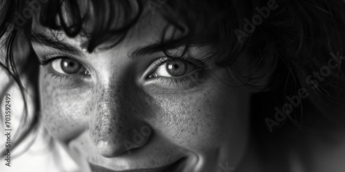 A close-up view of a woman's face with beautiful freckles. This image can be used for beauty and skincare related content