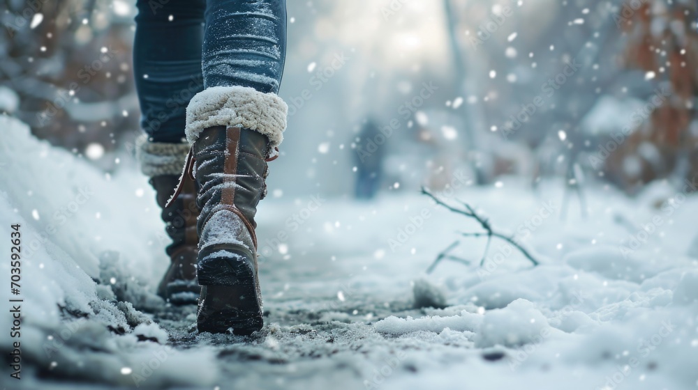 A person is walking in the snow wearing a pair of boots. This image can be used to depict winter activities and outdoor adventures A person is walking in the snow wearing a pair of boots. This image can be used to depict winter activities and outdoor adventures