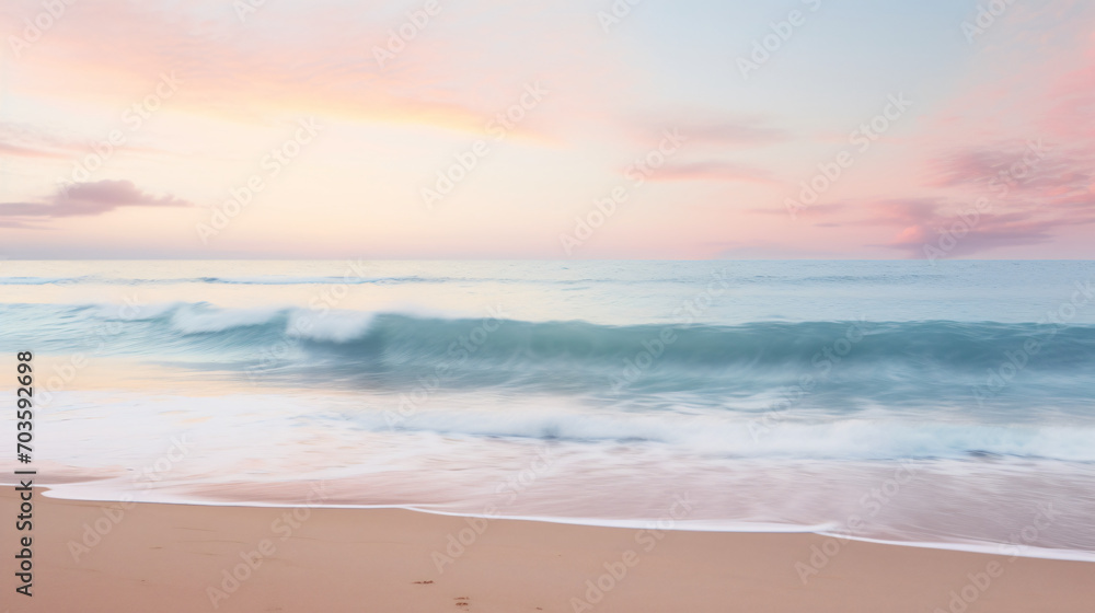 A serene beach scene at sunrise with gentle waves lapping at the shore and a pastel-colored sky.