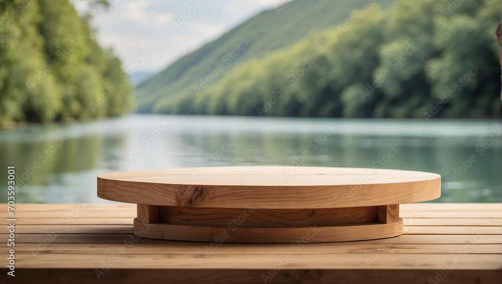 wooden podium for product presentation with a blurry river background