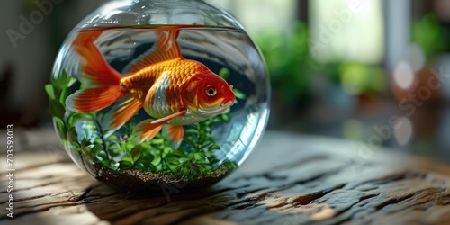 A goldfish swimming in a fish bowl on a table. Can be used for home decor or pet-related designs