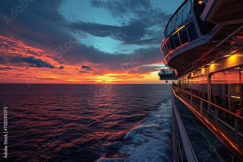As the sun rises and sets, the majestic cruise ship glides through the tranquil waters, its elegant naval architecture a stunning contrast against the vast open sky and billowy clouds, offering a sen