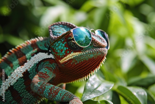 A cool and confident common chameleon donning green sunglasses while basking in the sun on a leafy outdoor terrain