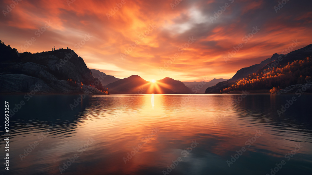A breathtaking sunrise over a serene mountain lake casting a warm golden glow across the tranquil waters.