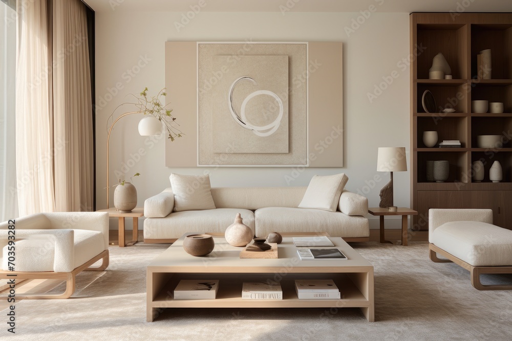 A cozy indoor oasis featuring a stylish living room with a chic couch, inviting coffee table, and a window overlooking the bustling cityscape A cozy indoor oasis featuring a stylish living room with a chic couch, inviting coffee table, and a window overlooking the bustling cityscape