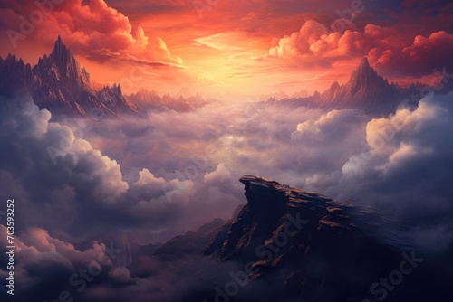 Nature's canvas comes alive as the evening sun sets behind misty mountains, casting a dreamy afterglow over the cloudy sky