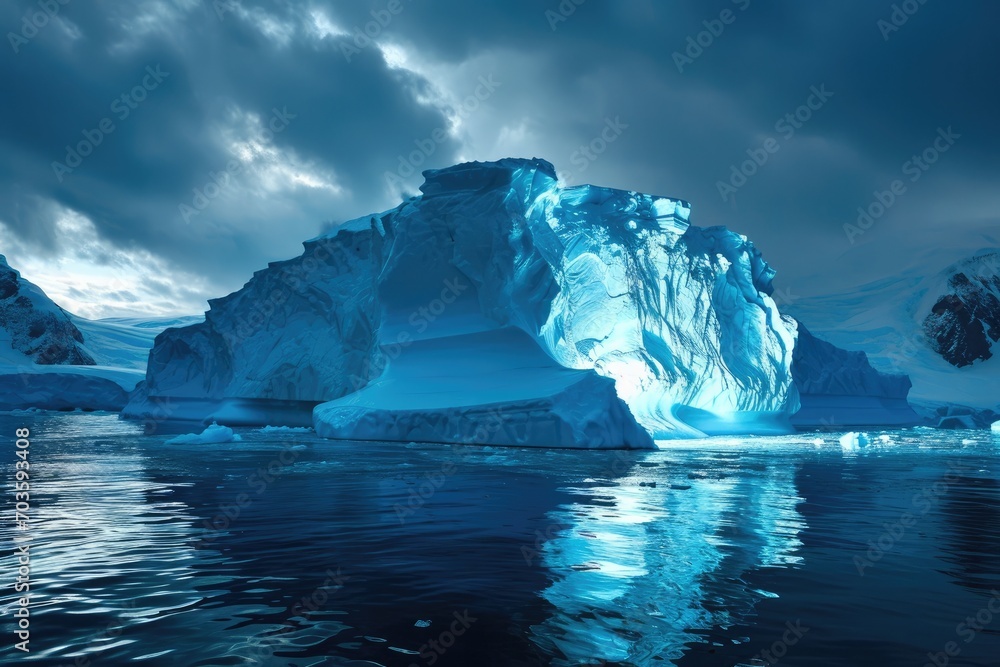 A majestic glacier slowly melts, revealing a breathtaking iceberg floating in the tranquil arctic ocean, surrounded by a sea of sparkling ice and snow-capped mountains under a peaceful sky