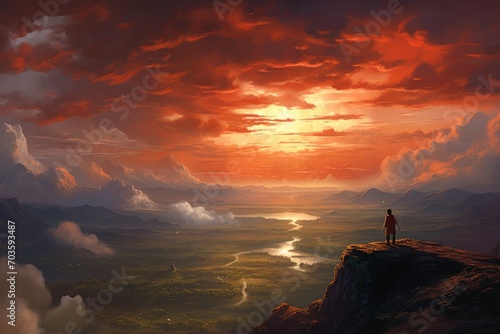 A lone figure stands on a cliff, bathed in the afterglow of a sunset, gazing out at the vast landscape before him, a lighthouse perched on the distant mountain horizon, the heat of the day giving way