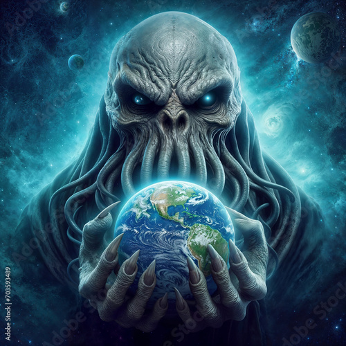 Cthulhu monstrous creature holding planet Earth in its grasp. Dark and ominous atmosphere, with giant monster looming over the planet, creating sense of danger and unease. photo