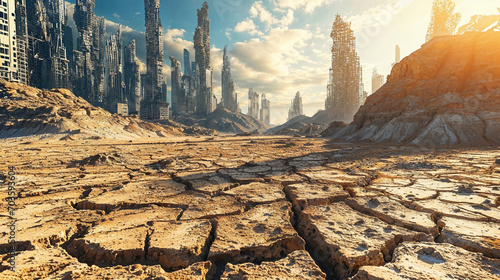 Desolate post-apocalyptic city with a mix of buildings and skyscrapers in various states of destruction surrounded by a barren and arid environment. photo