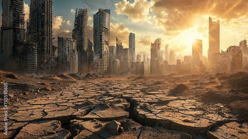 Desolate post-apocalyptic city with a mix of buildings and skyscrapers in various states of destruction surrounded by a barren and arid environment.