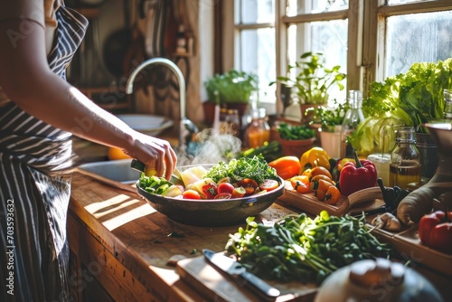 A woman dressed in casual clothing prepares a wholesome and nutritious meal in her kitchen using fresh produce from her indoor garden  showcasing her commitment to a vegan diet and whole foods while 