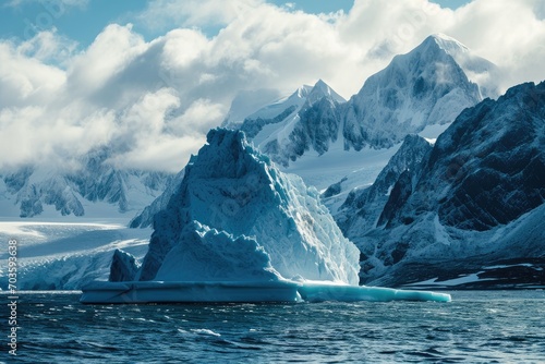 A towering iceberg, surrounded by a serene arctic landscape of snow-capped mountains and glacial lakes, stands as a reminder of the powerful forces of nature and the delicate balance of our melting w