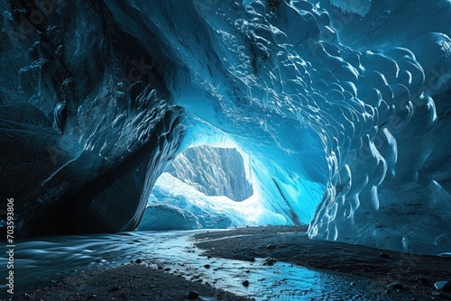 Amidst the towering mountain, a serene ice cave reveals its secrets, with a crystal-clear river running through the heart of the frozen wonderland