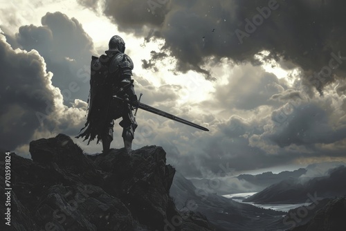 A brave warrior stands atop a misty mountain, his sword gleaming in the sunlight as he gazes out at the vast expanse of sky and clouds before him