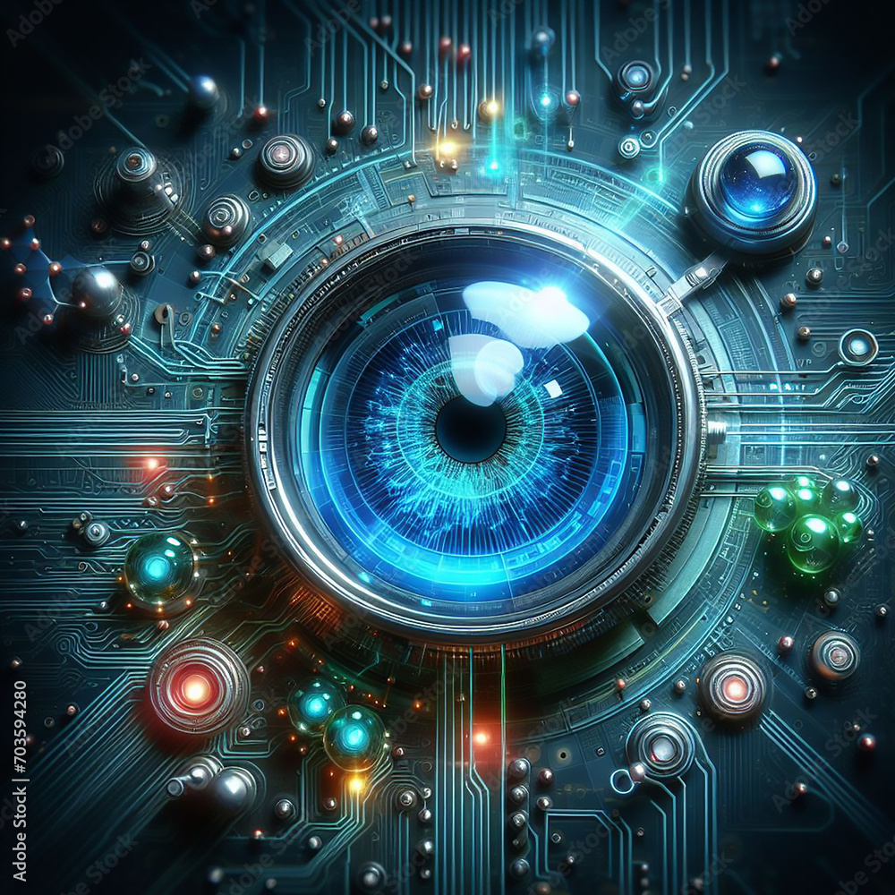 Futuristic robot eye technology, Closeup of robotic eye,  blue eye cyber security concept