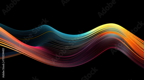 Abstract wavy lines on black background, pattern of energy motion in digital space. Cyberspace with glowing waves of red and blue light. Concept of tech, color, data, texture. © scaliger