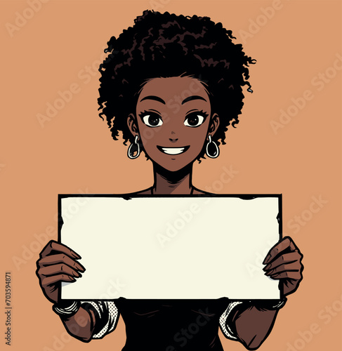 beautiful african girl holding and showing white board copy space cartoon vector illustration