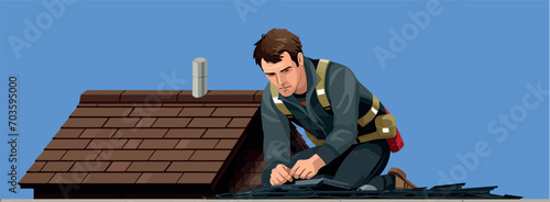 Roof Repair Construction Worker Roofer Laying Asphalt Shingles on a House Roof. Vector Illustration.