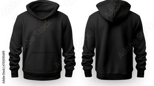 Black hoodie with a blank front and back view, mockup, white background.