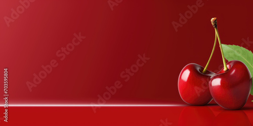 Cherry red banner with a cherry on the side with space for copy space. photo