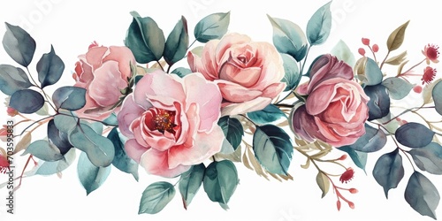 A beautiful watercolor painting of pink roses and green leaves. Perfect for adding a touch of elegance to any space