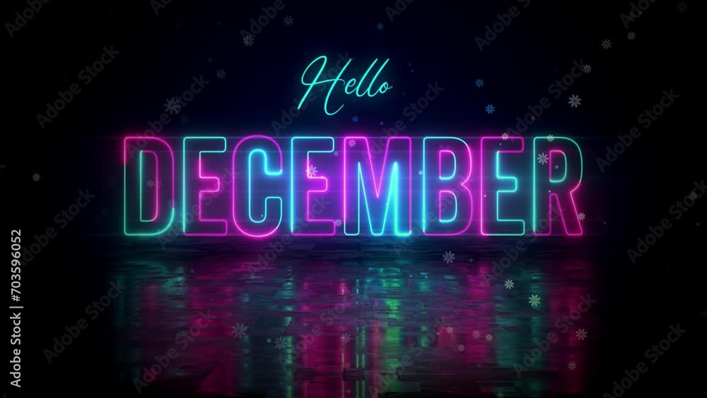 Festive Blue Red Glowing Neon Hello December Text Reveal With Floor Reflection Amid The Falling Snowflakes On Dark Background, With Isolated Text Effect Motion, 5-15 Seconds Seamless Loop Festive Blue Red Glowing Neon Hello December Text Reveal With Floor Reflection Amid The Falling Snowflakes On Dark Background, With Isolated Text Effect Motion, 5-15 Seconds Seamless Loop