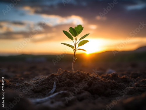 A close-up of a young tree sprouting in the soft, sunset light.