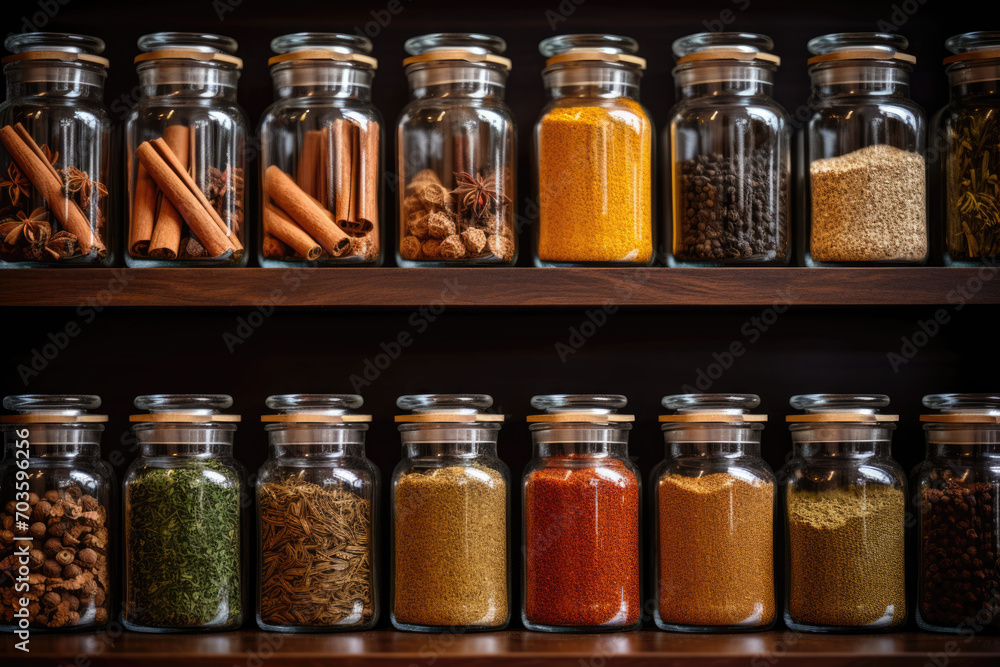 Close-up of a variety of spices and herbs in glass jars on a kitchen shelf. Close-up of a variety of spices and herbs in glass jars on a kitchen shelf.
