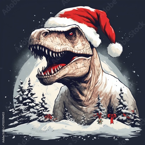 Festive Tyrannosaurus Rex in Santa Hat Celebrating Christmas. Generative ai © Scrudje