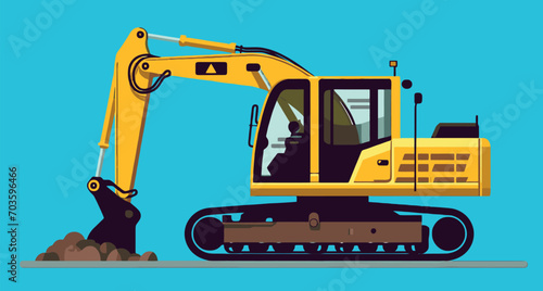 Yellow Excavator Power Shovel on blue Background, Construction Site Heavy equipment