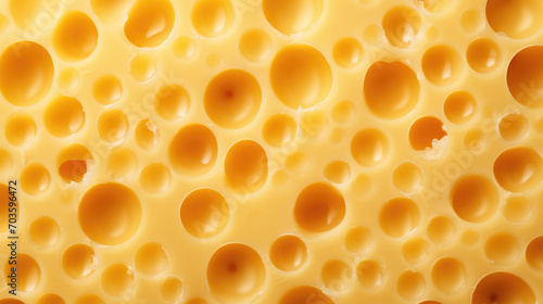 Closeup of Fresh yellow cheese with big holes texture background