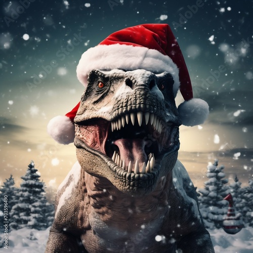 Festive Tyrannosaurus Rex in Santa Hat Celebrating Christmas. Generative ai © Scrudje